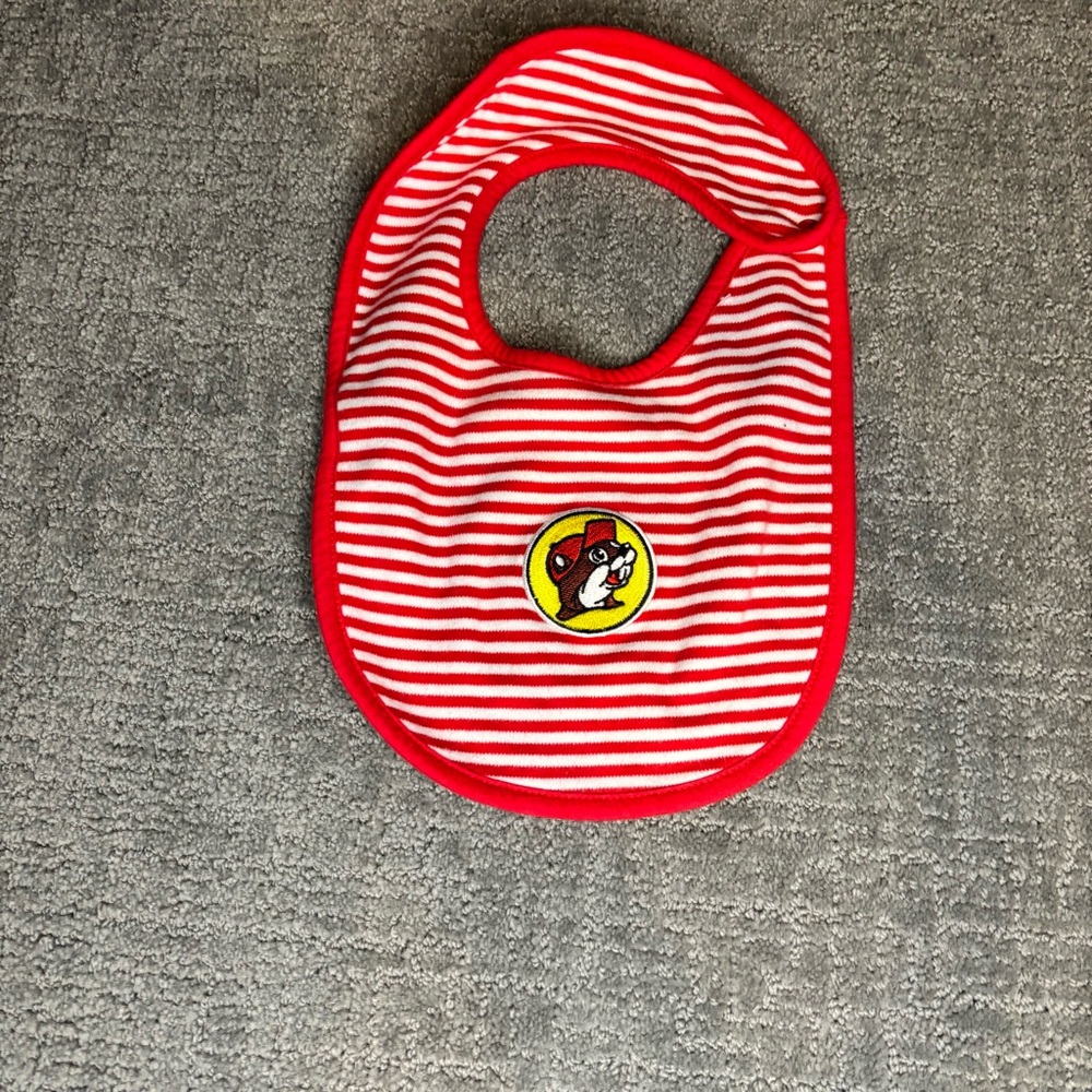 Buc-ee's Red and White Striped Baby Bib with Fun Patch
